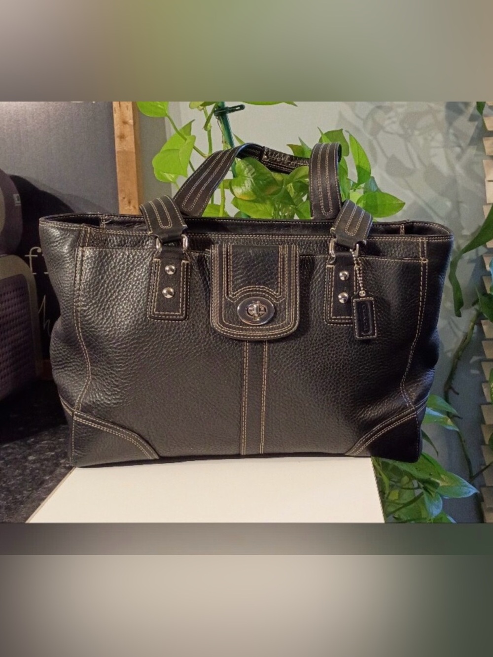 Coach Black Leather Shoulder Tote with Contrast Stitching